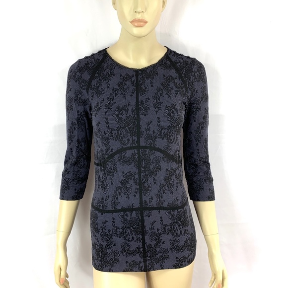PHILIPPE MATIGNON lace prints black lavender fitted top L - Picture 9 of 11